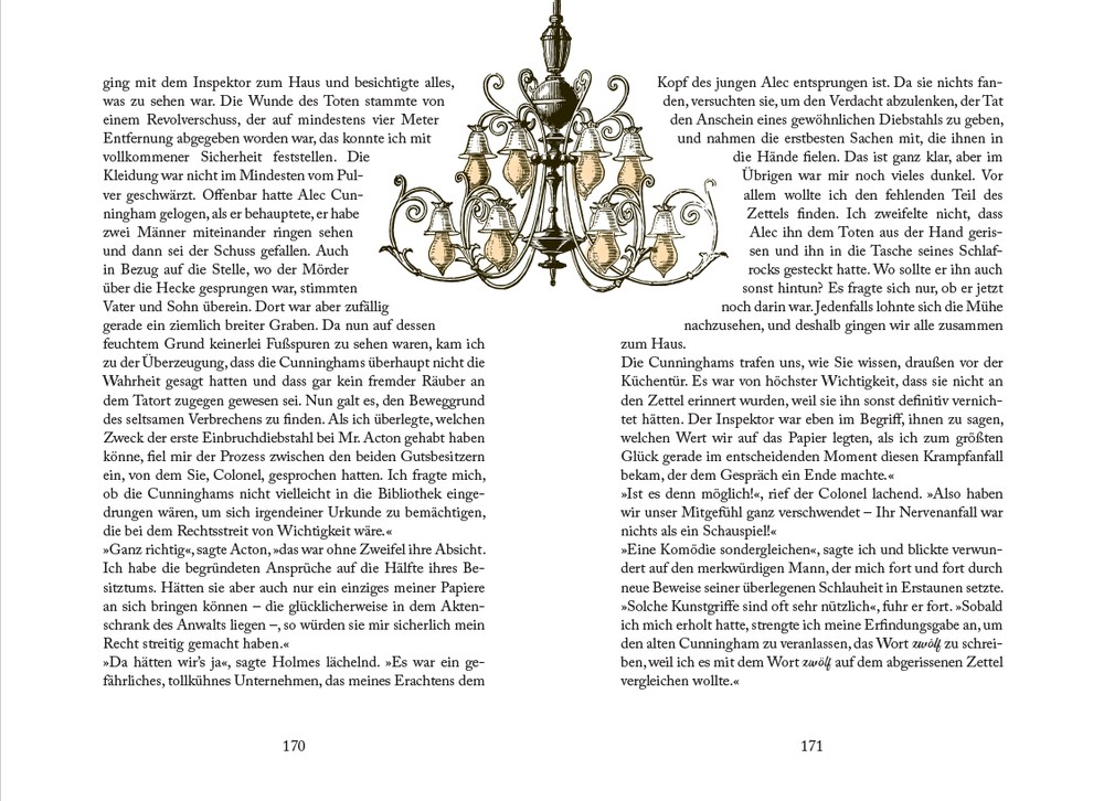 Doppelseite mit deutschem Text ein goldener, illustrieter Kronleuchter hÃ¤ngt mittig auf den weißen Seiten.