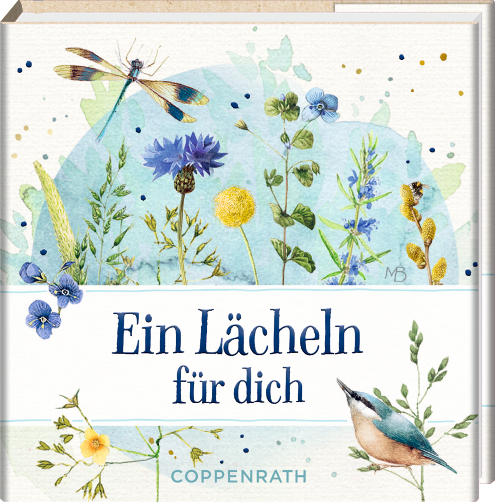 Buchcover mit Wildblumen, einer Libelle, einem Vogel und dem Spruch „Ein Lächeln für dich“.