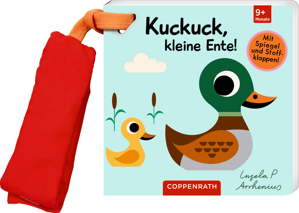 Babybuch mit Comic-Enten, einer roten Stofflasche und dem Text „Kuckuck, kleine Ente!“ auf dem Cover.