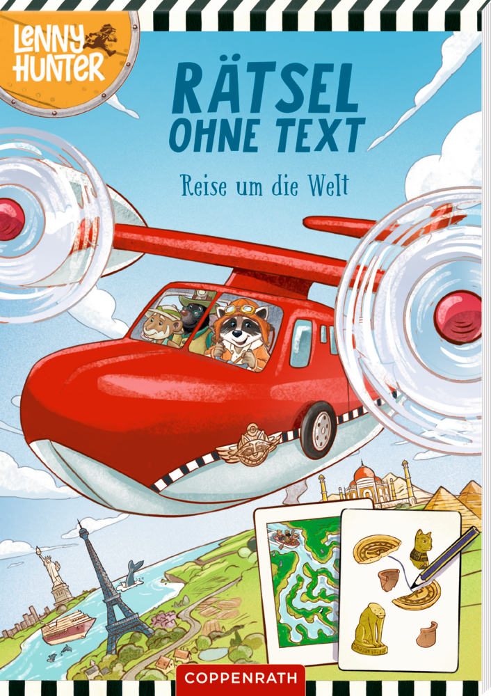 Auf dem Cover eines Rätselbuchs, fliegen Cartoon-Tiere ein rotes Flugzeug über Sehenswürdigkeiten und im Vordergrund stehen Karten und Hinweise.