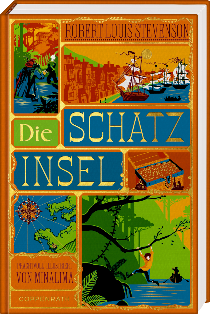 Buchcover mit dem Titel „Die Schatzinsel“ und farbigen Illustrationen von Schiffen, Figuren, Karte und Schatztruhe.