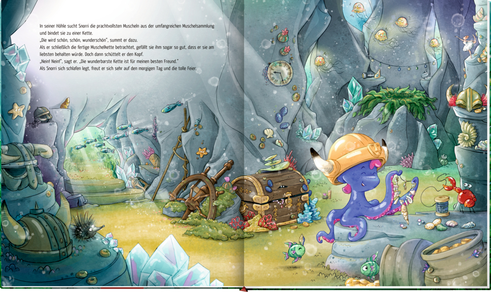 Auf einer Doppelseite mit Text, untersucht ein lila Sixtopus mit Helm eine Muschel in einer Unterwasserhöhle mit Schätzen und Meeresbewohnern.