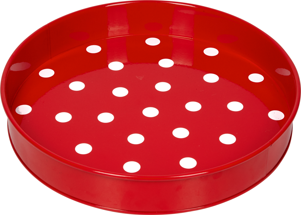 Rotes rundes Tablett mit weißen Punkten auf der Oberfläche.