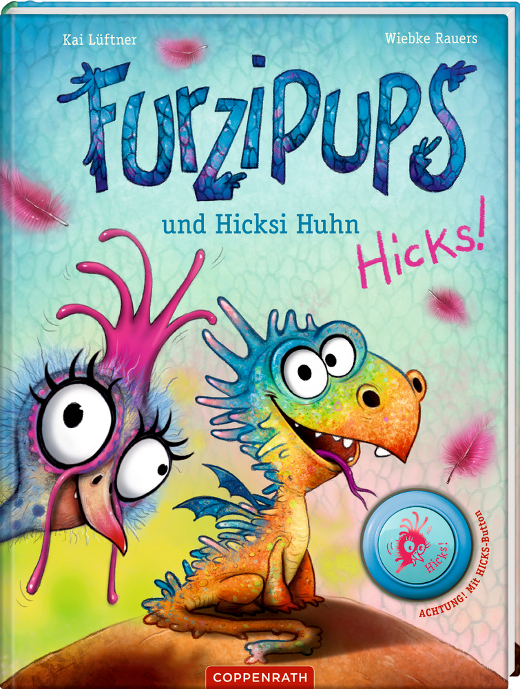 Buntes Kinderbuchcover mit einem überraschten rosa Huhn und einem lächelnden blaugrünen Dinosaurier.