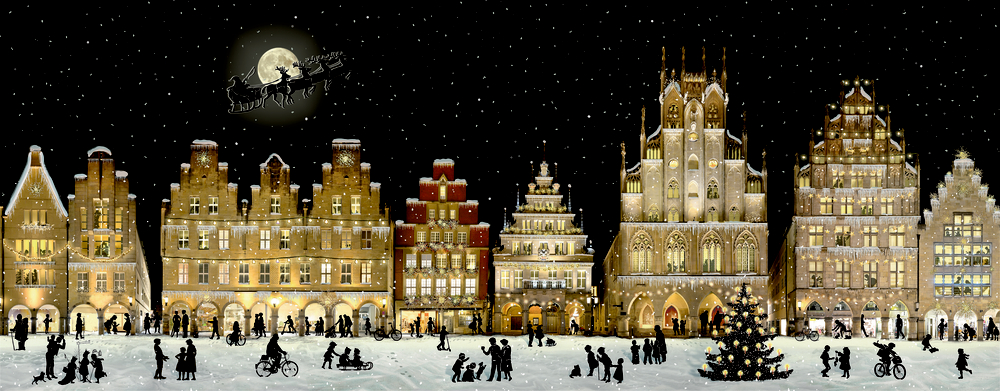Verschneiter Marktplatz bei Nacht mit beleuchteten Gebäuden, Weihnachtsbaum, Menschen und Santa am Mondhimmel.