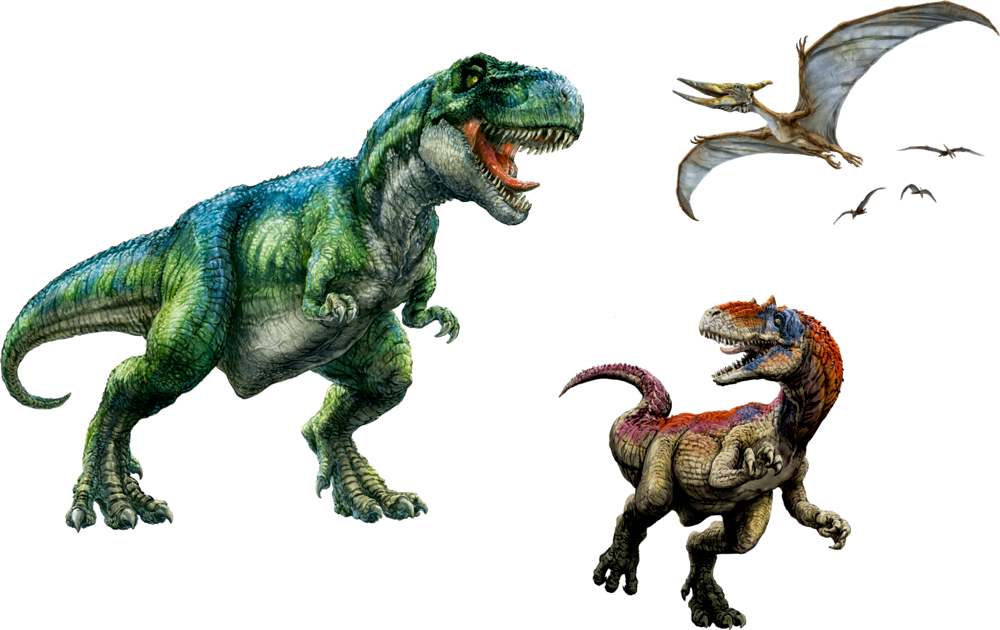 Drei Dinosaurier: grüner T. Rex, bunter Raptor und vier fliegende Flugsaurier zusammen illustriert.
