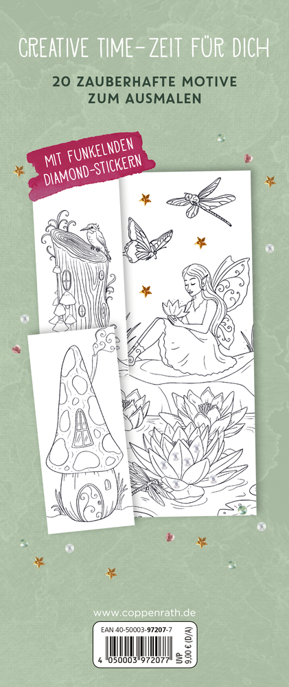 Rückseite des Malbuchs mit Feen-, Schmetterlings- und Pilzmotiven zum Ausmalen, mit glitzernden Stickern auf grünem Hintergrund.
