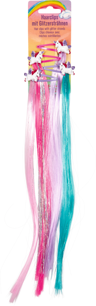 Set mit 4 Einhorn-Haarspangen mit langen Glitzersträhnen in Pink, Lila, Blau und Silber auf einer leuchtenden Karte.