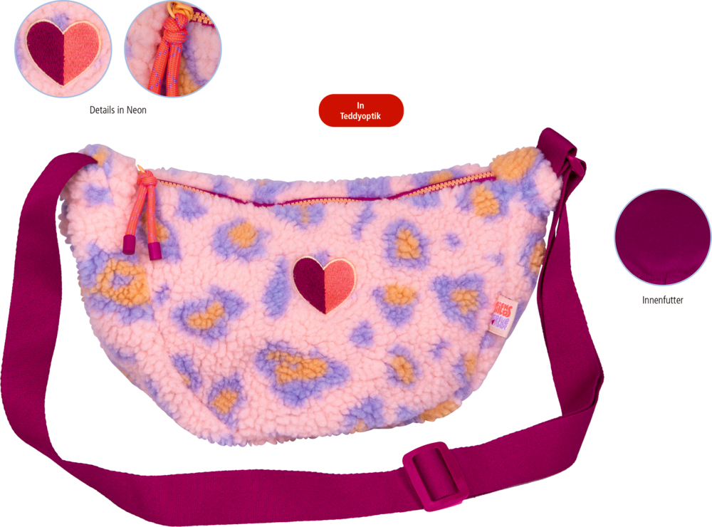 Rosafarbene Bauchtasche in Teddyoptik mit lila-orangenem Leomuster, Herzmotiv, pinkem Reißverschluss und verstellbarem Träger.