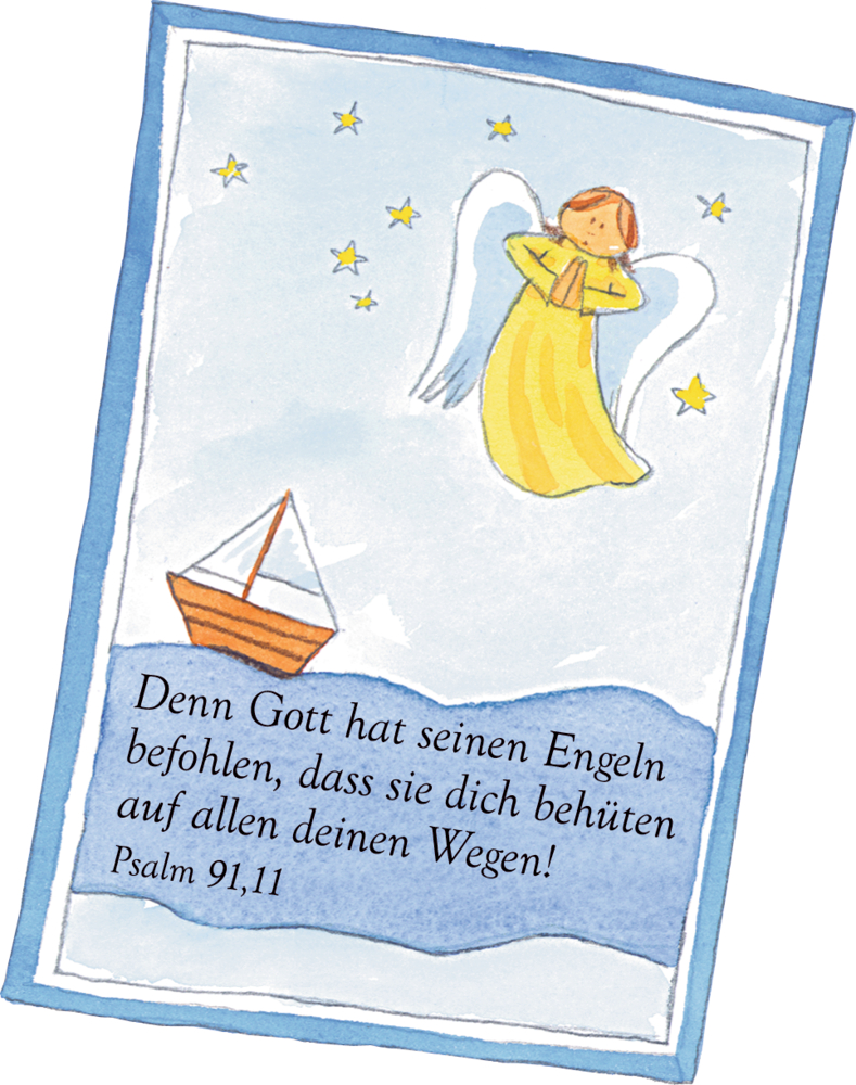 Engel über einem Boot mit Sternen und deutscher Bibelversillustration aus Psalm 91:11.
