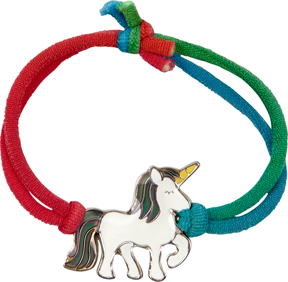 Buntes Armband mit roten und grünen Bändern, einem Einhorn-Anhänger und einem gelben Horn.