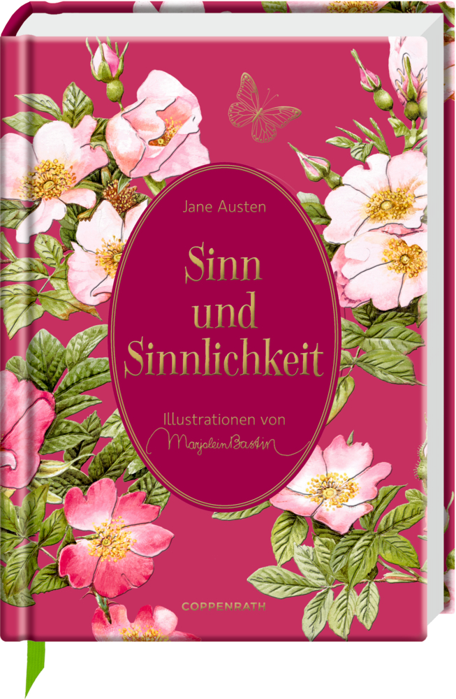 Buchcover: Sinn und Sinnlichkeit mit rosa Blumen, grünen Blättern und einem Schmetterling auf magentafarbenem Hintergrund.