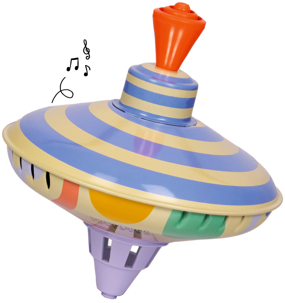 Bunter Kreisel der Geräusche beim drehen spielt aus Metall mit beige-blauen Streifen und orangenem Griff, daneben gezeichnete Musiknoten.
