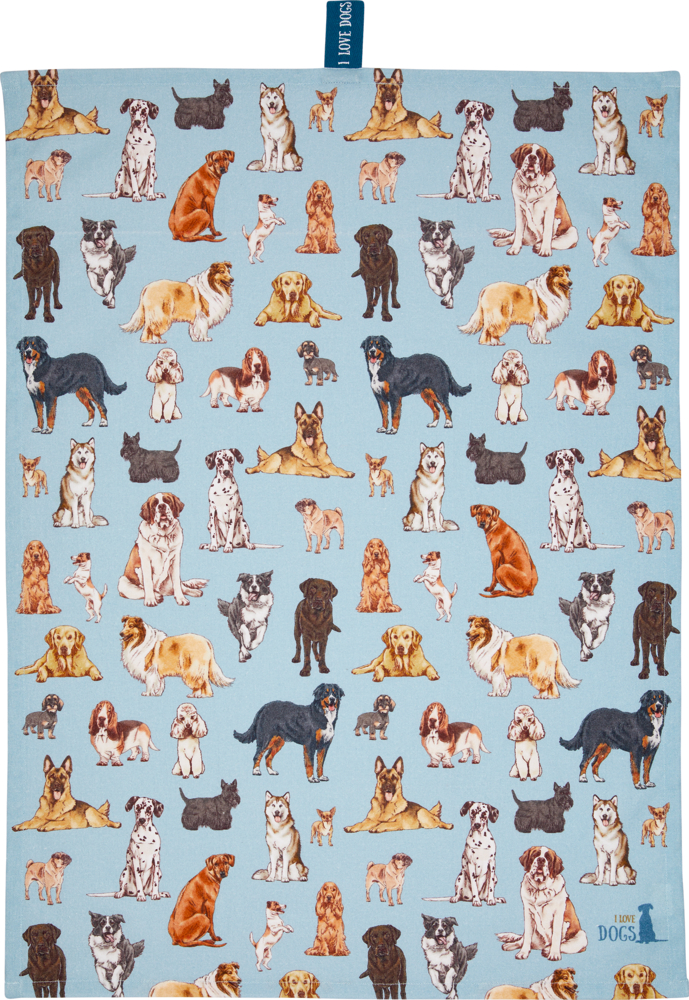 Hellblaues Geschirrtuch übersät mit vielen kleinen Hundeillustrationen.