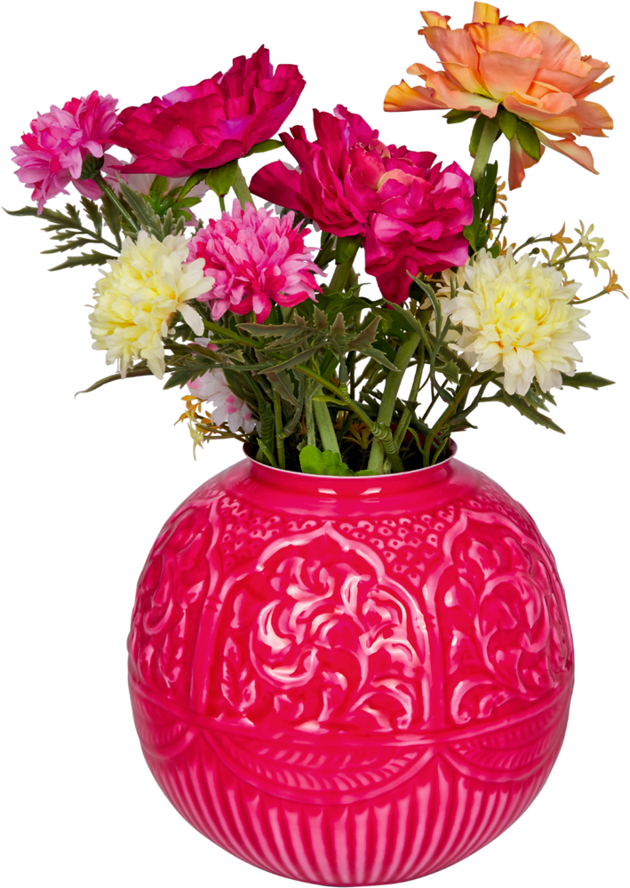 Runde pinkfarbene Vaseaus Metall mit eingeprägtem Muster und Blumenstrauß in Rosa, Gelb und Orange.