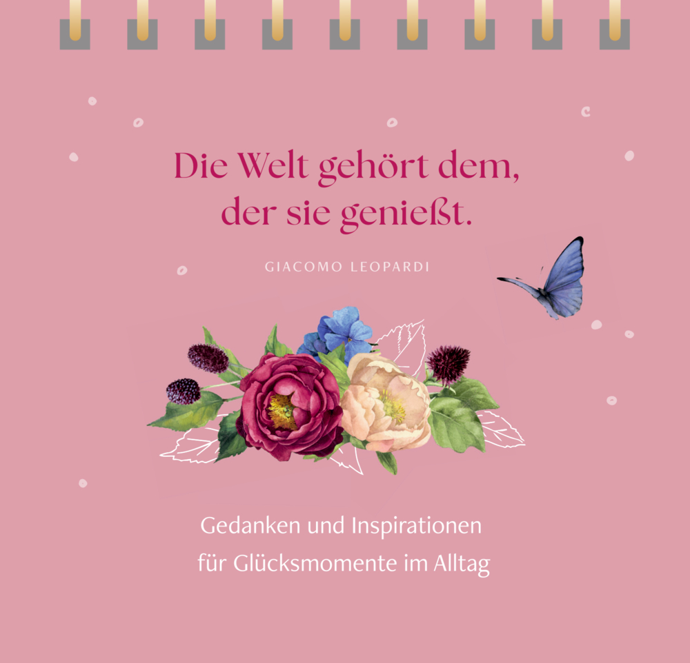 Rosa Kalenderblatt mit Blumenillustration, blauem Schmetterling und weißem Text zu Gedanken und Inspirationen.
