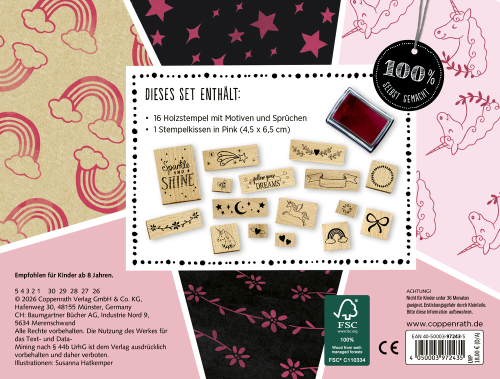 Set aus 16 Holzstempeln mit verschiedenen Motiven und Sprüchen sowie einem pinkfarbenen Stempelkissen.