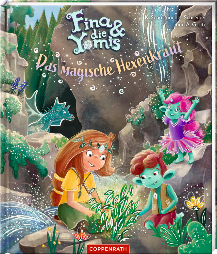 Zwei magische Kinder sammeln leuchtende Pflanzen im Wald mit Drache und Fee, Buchcover von "Fina & die Yomis - Das magische Hexenkraut".