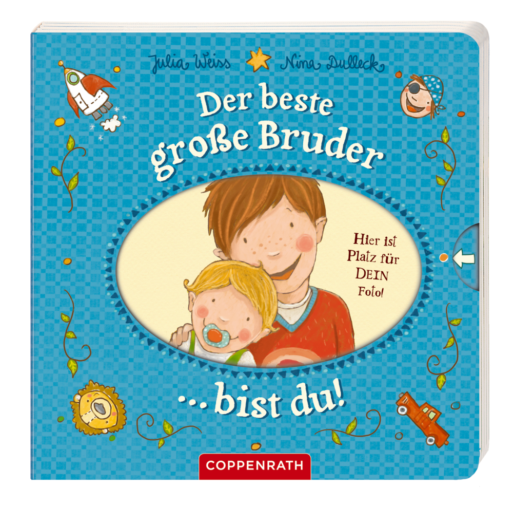 Blauer Kinderbuchumschlag mit zwei lächelnden Jungen und dem Titel: „Der beste große Bruder bist du!“.