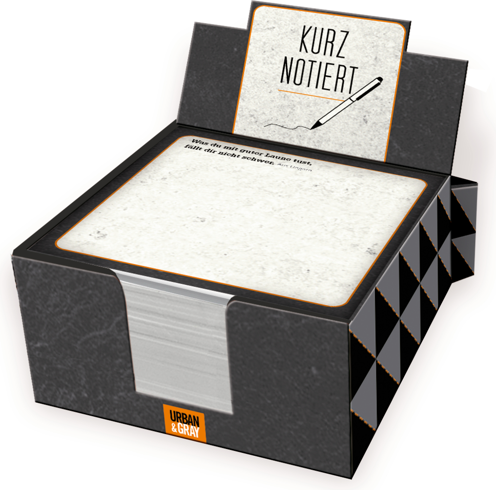 Schwarz-weißer Notizblock mit der Aufschrift „KURZ NOTIERT“ und einer Stiftillustration auf dem Deckblatt.