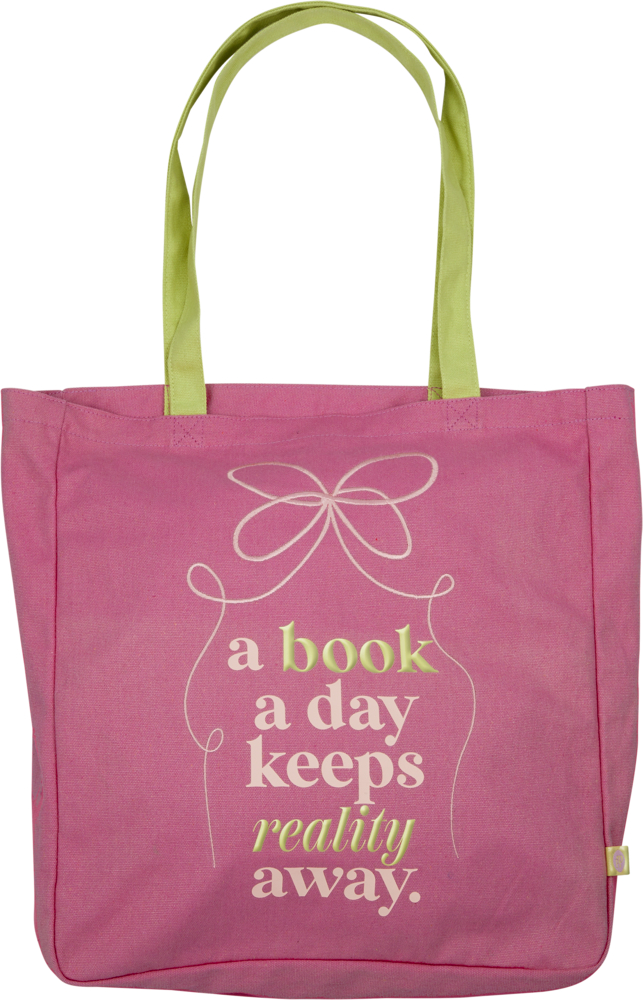 Pinke Tragetasche mit grünen Henkeln und Text: a book a day keeps reality away.