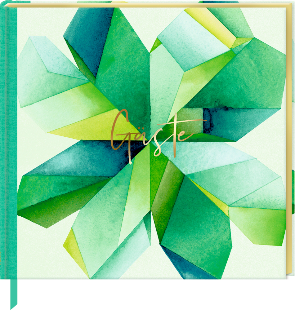 Grüne geometrische Blumengrafik auf einem Buchcover, Schriftzug Gäste in Schreibschrift.