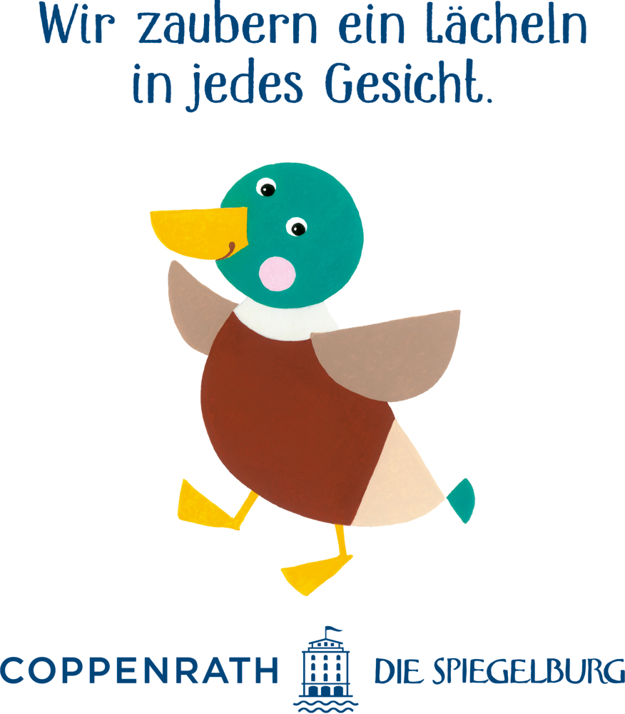 Cartoon-Ente mit grünem Kopf und gelbem Schnabel unter deutschem Text auf weißem Hintergrund.