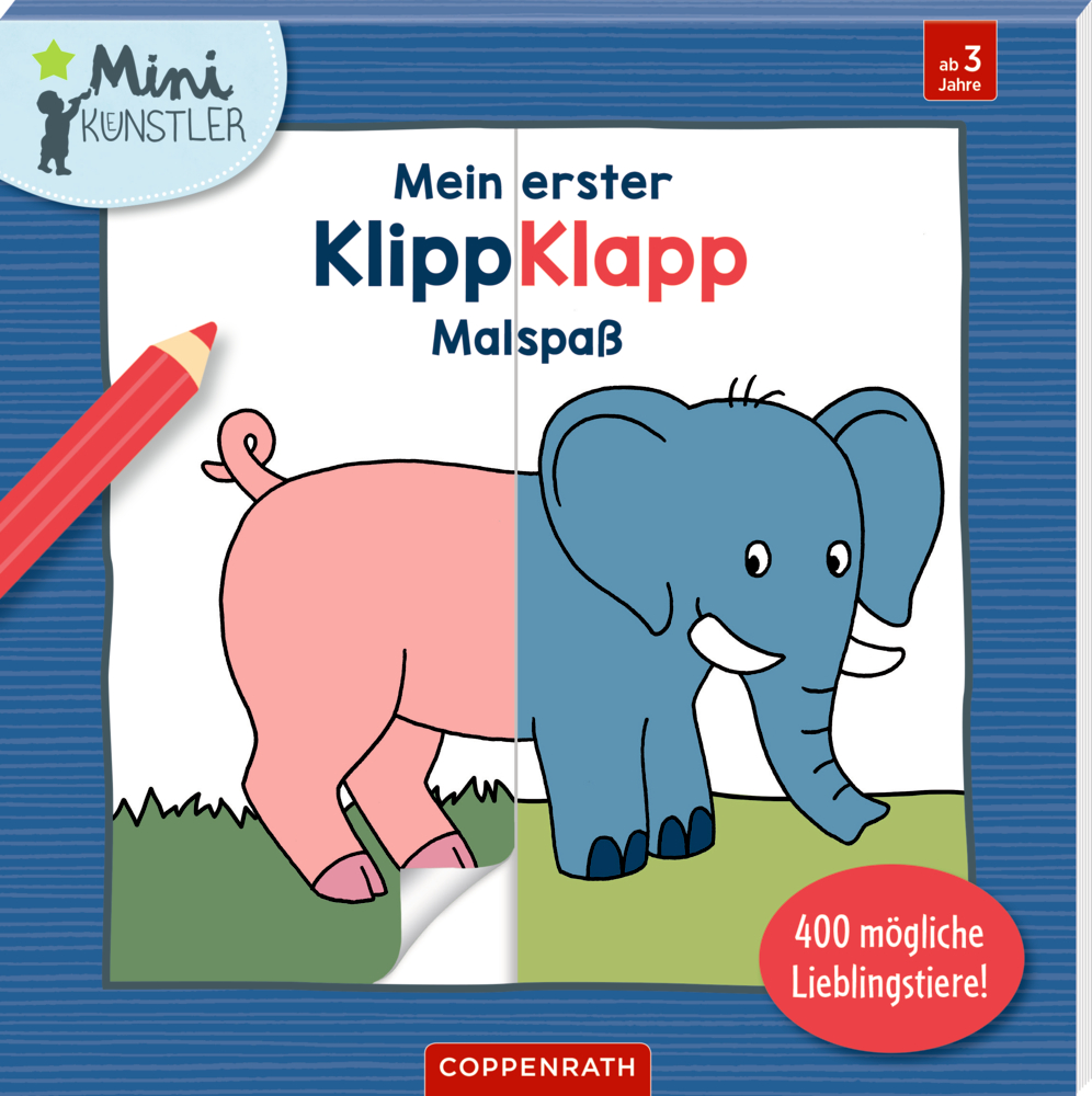 Buchcover mit geteiltem Tier: rosa Schwein hinten, blauer Elefant vorne, roter Bleistift daneben.