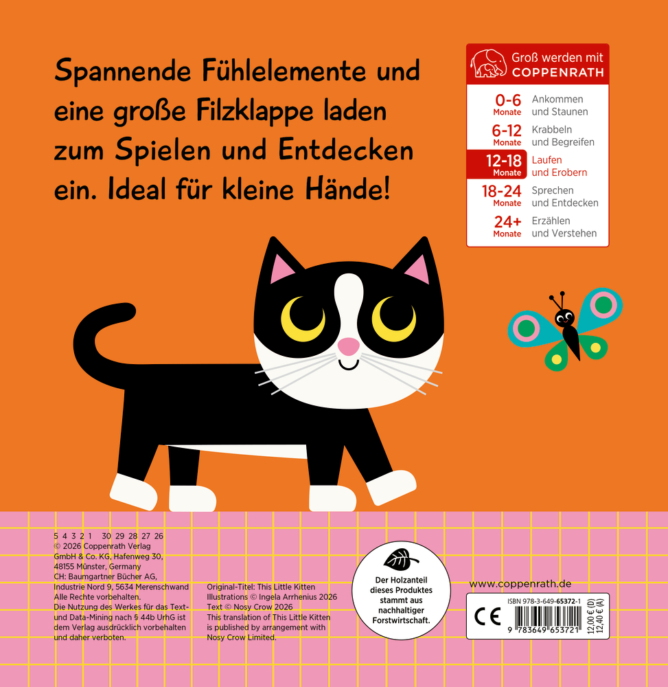Rückseite mit Illustration einer schwarz-weißen Katze mit gelben Augen auf orangefarbenem Hintergrund.