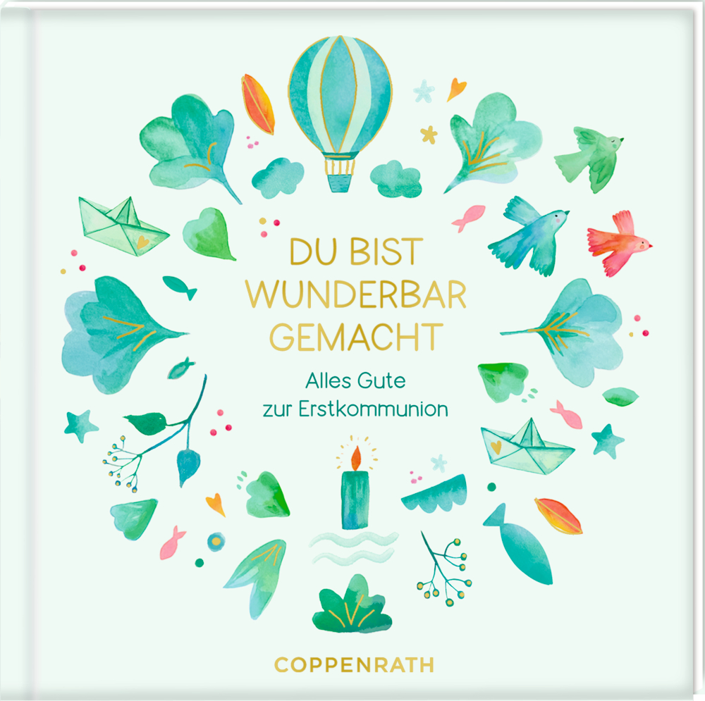 Illustrierter Buchumschlag mit Blättern, Vögeln, Ballon, Papierbooten und Kerze. Text mittig platziert.