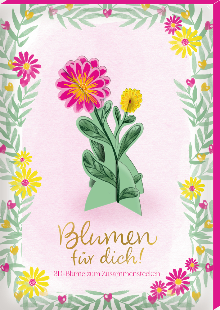 Karte mit Aufschrift Blumen für dich! Illustrierte Blumen und Blätter auf rosa Hintergrund.