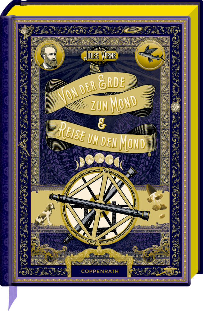 Prunkvoller blau-goldener Einband für Jules Vernes „Von der Erde zum Mond & Reise um den Mond“.