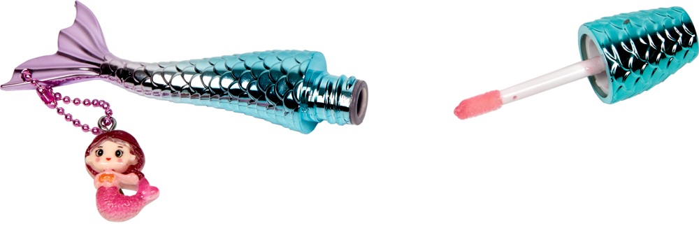 Lippgloss in meerjungfrauenschwanzförmigem Behälter mit pinkem Charm und passendem Applikator.