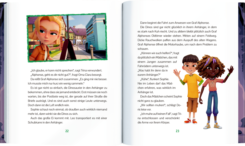 Aufgeschlagenes Buch: auf beiden Seiten bunte Comicfiguren, Kinder und eine Straße, Textzeilen im Bild.