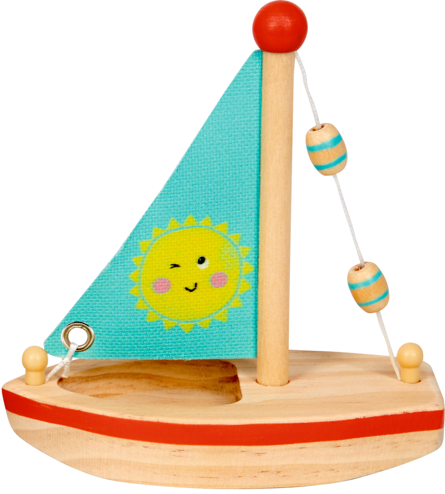 Holzsegelboot mit blauem Segel, gelber Sonne mit Zwinkern und zwei gestreiften Perlen am Mast.