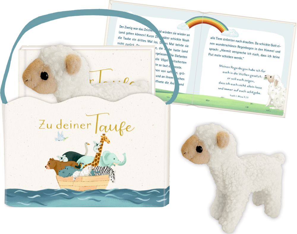 Geschenktüte mit Plüsch-Lämmchen und Buch, sowie offenes Buch mit Regenbogen und deutschem Text.