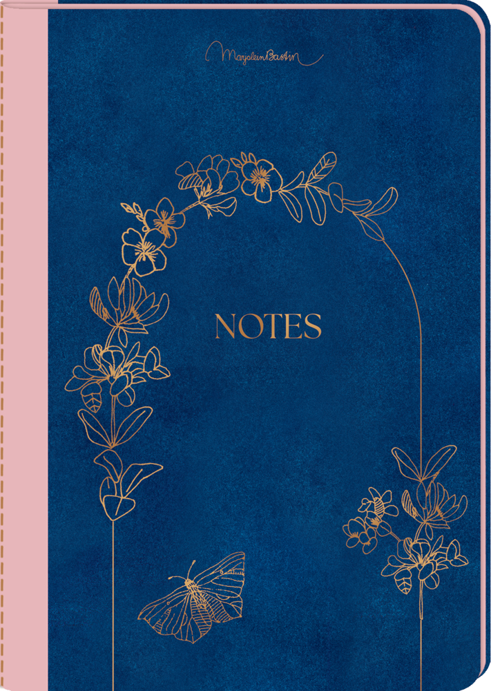 Blaues Notizbuch mit rosa Buchrücken, goldener Blumen- und Schmetterlingszeichnung sowie dem Schriftzug „NOTES“ auf dem Cover.
