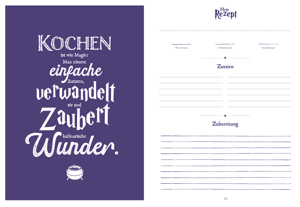 Doppelseitige Innenansicht. Links: Lila Hintergrund mit Kochzitat, rechts: leere Rezeptvorlage fÃ¼r Zutaten & Zubereitung zum Ausfüllen, lila liniert.