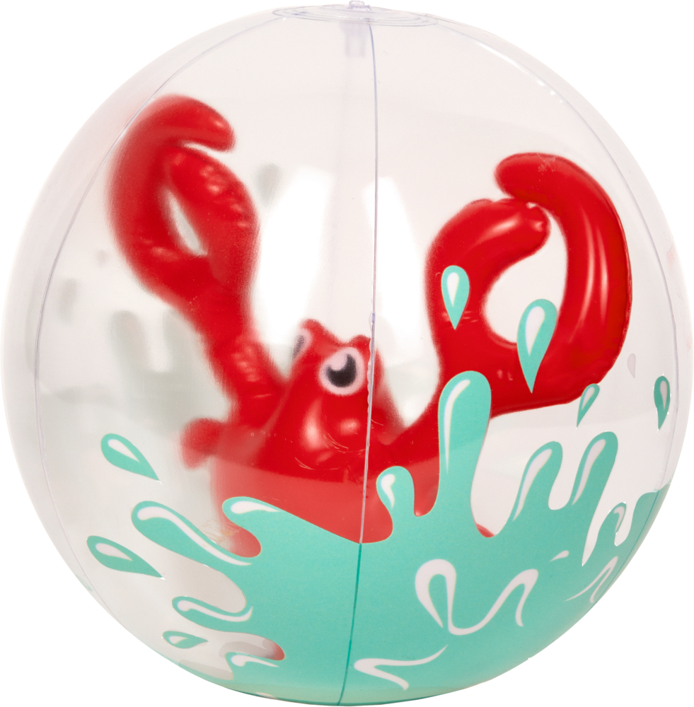Transparenter Wasserball mit türkisfarbenem Wasserspritzer-Design und einer roten Krabbe im Inneren.