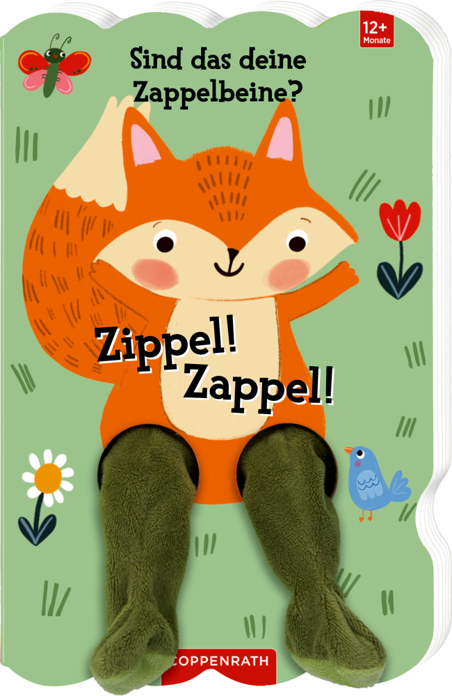 Illustration eines Fuchses mit grünen Plüsch-Beinen, lächelt zwischen Blumen, einem Schmetterling und einem Vogel auf grünem Hintergrund.