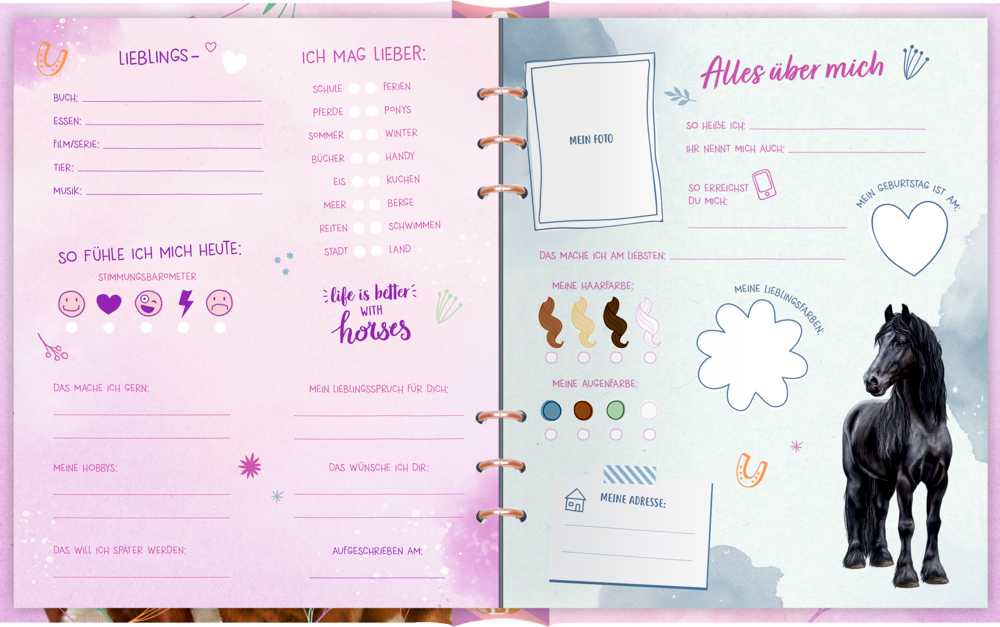 Offene Doppelseite eines Freundebuchs für Kinder mit Fragen zu Lieblingssachen, Zeichnungen, Symbolen und einem schwarzen Pferd rechts unten.
