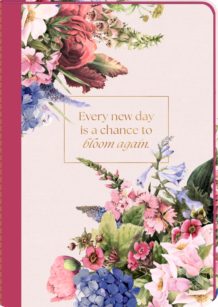 Notizbuch mit pinkfarbenem Rand, beigefarbenem Umschlag, Blumendruck und Text in der Mitte.