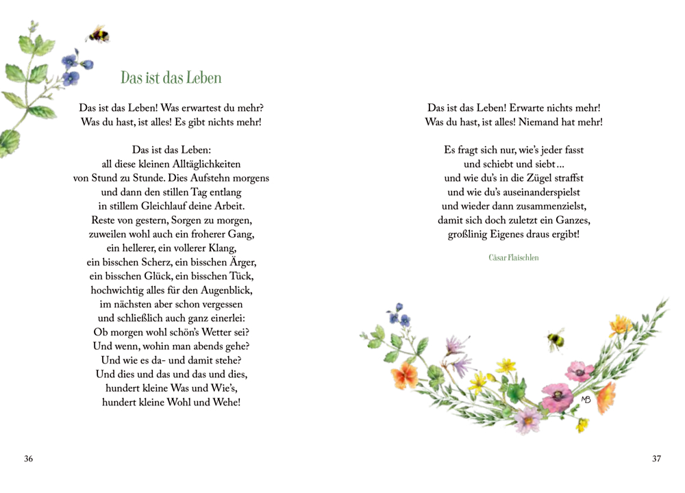 Seiten eines Gedichtbandes, verziert mit floraler Kunst in den Ecken und einem Schmetterling.