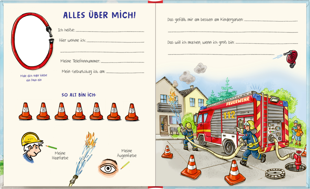 Doppelseitige Innenansicht eines Kinder-Freundebuchs mit Feuerwehrmotiven, Ausrüstungszeichnungen, Feuerwehrauto und Mitmachaufgaben.