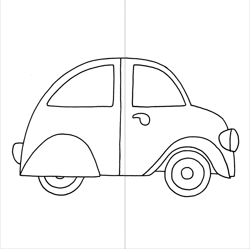 Schwarz-weiße Zeichnung eines Autos mit abgerundeten Konturen.