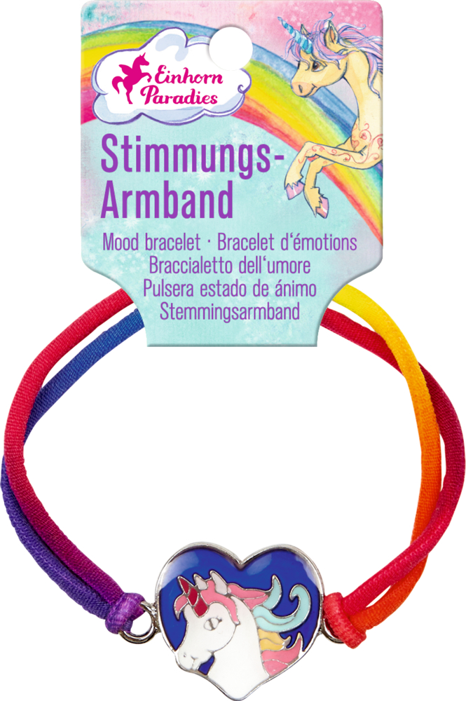 Regenbogen-Stimmungsarmband mit Einhorn-Anhänger. Die Verpackung zeigt eine Regenbogen- und Einhorn-Illustration.