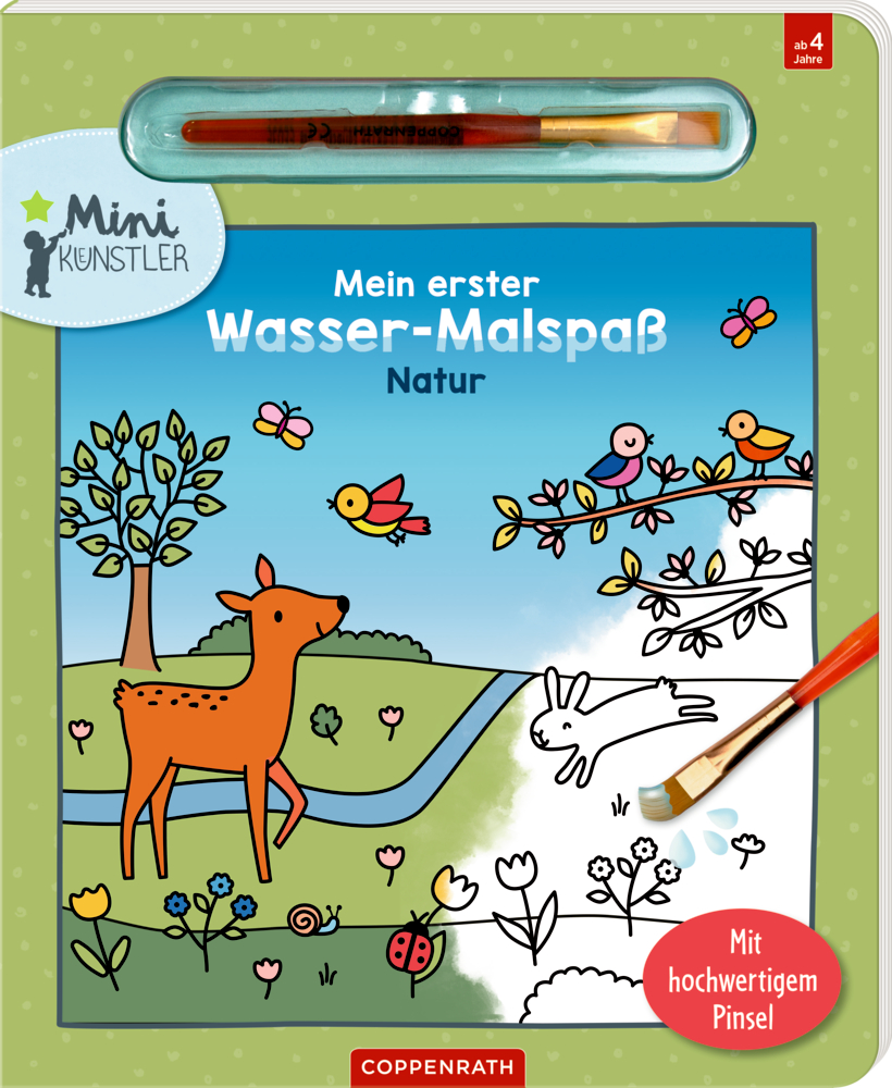 Kinder-Malbuch mit Waldmotiv, Tieren, Blumen und Pinsel am oberen Rand.