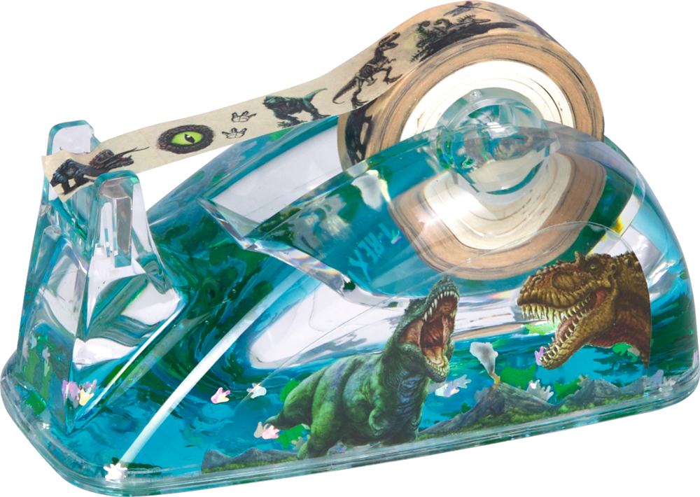 Transparenter Klebebandabroller mit blauer Flüssigkeit, funkelnden und schwimmenden Glitzerteilchen sowie Dinosauriermotiven, darin Rolle mit bedrucktem Klebeband.