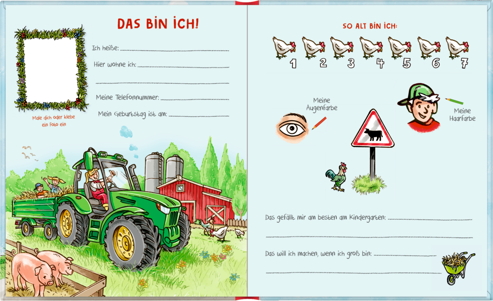 Zwei illustrierte Seiten mit Lückentexten, Traktor- und Tierzeichnungen sowie verspielten Symbolen.
