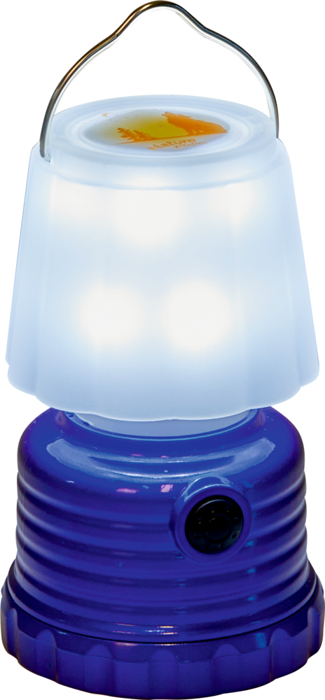 Kompakte blaue Campinglaterne mit leuchtend weißem Licht und einem Metallgriff oben.